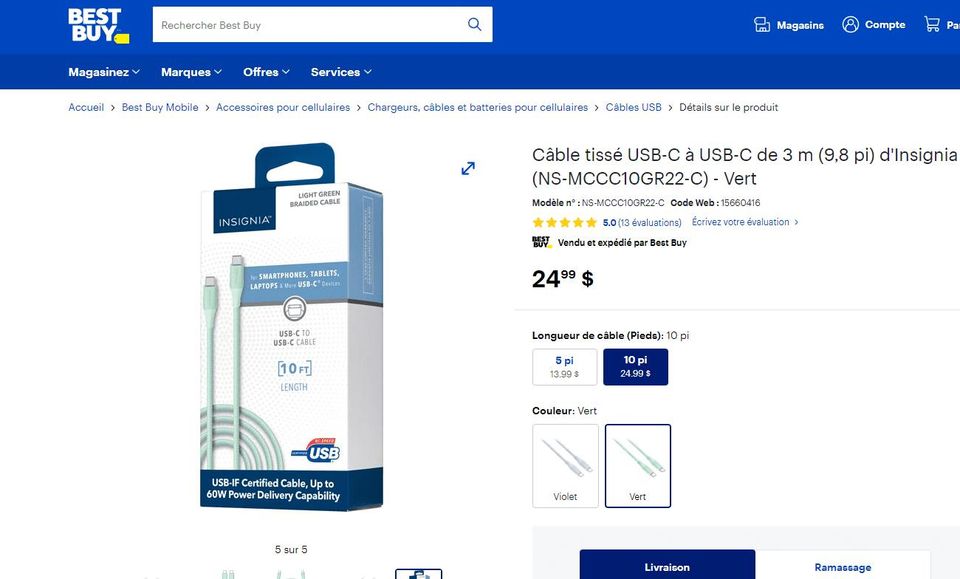 Câble tissé USB-C à USB-C de 3 m (9,8 pi) d'Insignia - Vert - Image 2