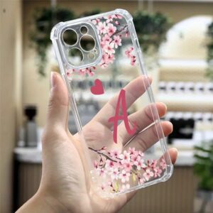 Coque de Téléphone de Luxe Transparente Antichoc avec Motif de Cerisier en Fleurs & Lettre "A" pour iPhone 15